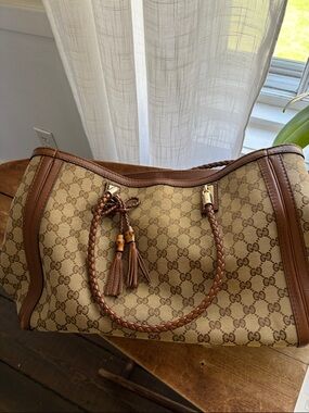 Gucci Beige and Brown GG Canvas Braided Handle Tote with Tassels